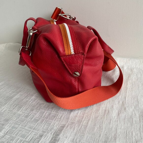 Roots Red Leather Satchel Bag With Stripe Detail - Picture 7 of 16